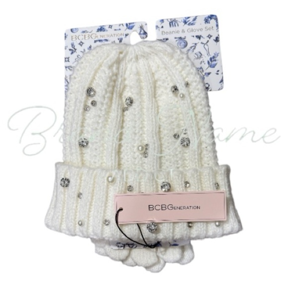 PRICE IS FIRM - BCBG Ivory Rhinestone Beanie & Glove Set
